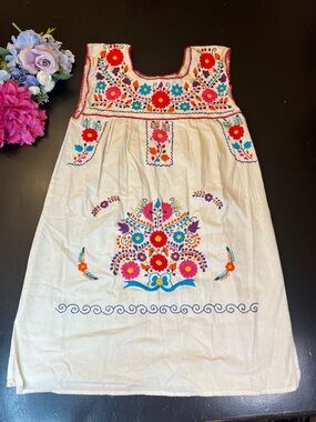 Nativa Colorful Mexican Peasant Floral Embroidery Oaxacan Sleeveless Dress Sz S